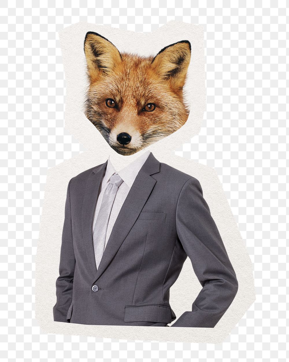 Businessman png fox head sticker, animal, surreal remixed media, transparent background