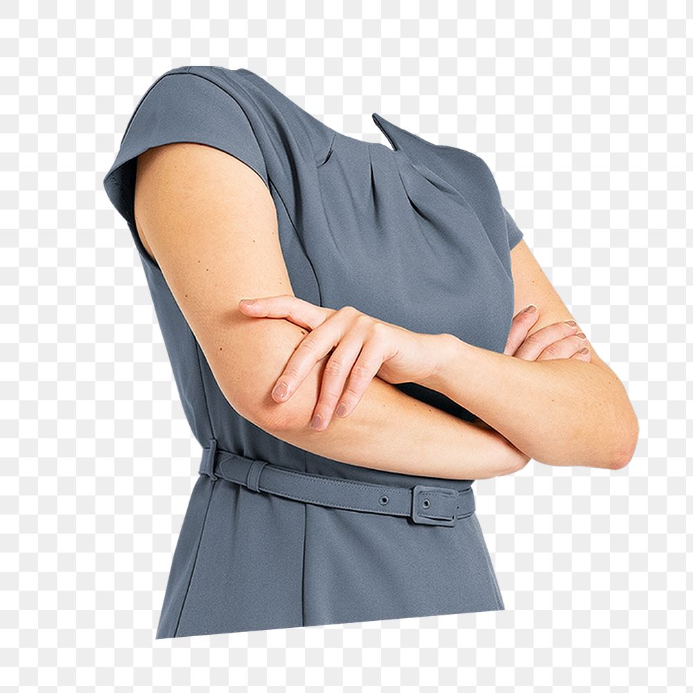 Headless businesswoman png sticker, arms crossed gesture image, transparent background