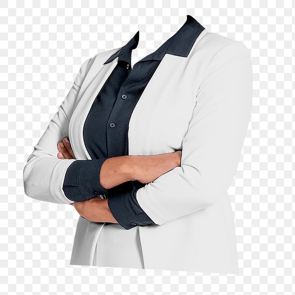 Headless businesswoman png sticker, arms crossed gesture image, transparent background