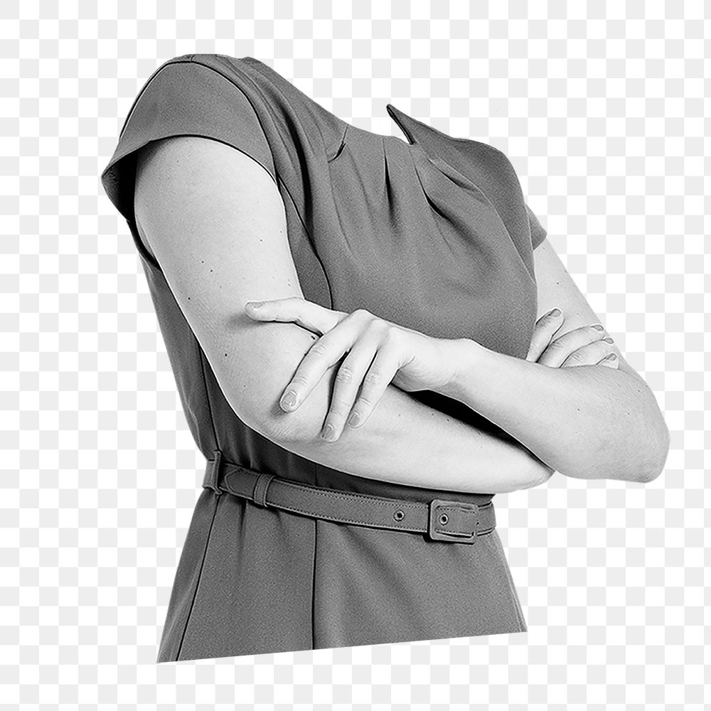 Headless businesswoman png sticker, arms crossed gesture image, transparent background