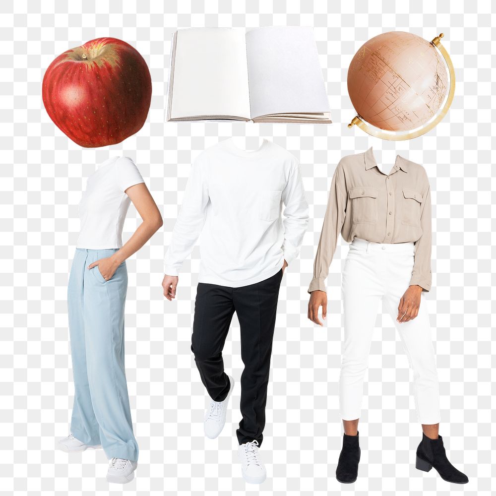 Surreal education png students sticker, apple, book, globe head, transparent background