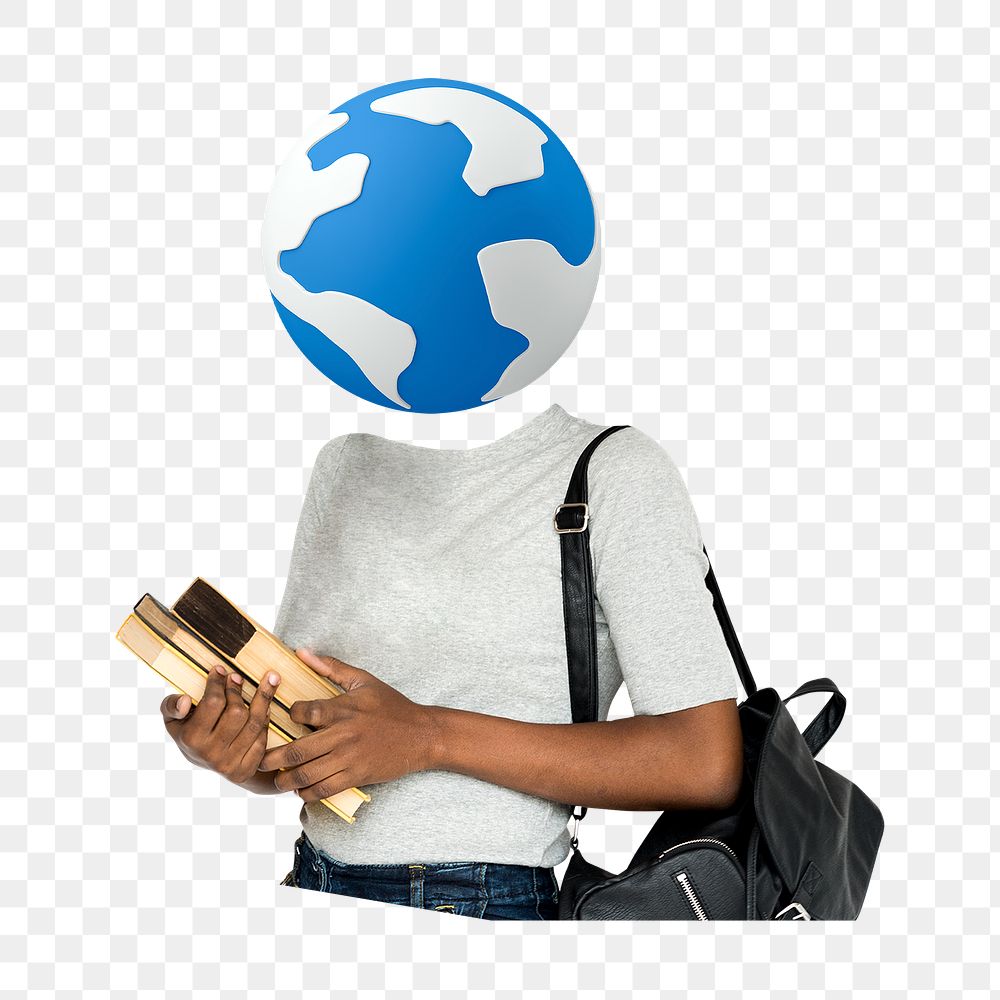 Globe head png woman sticker, student, education remixed media, transparent background