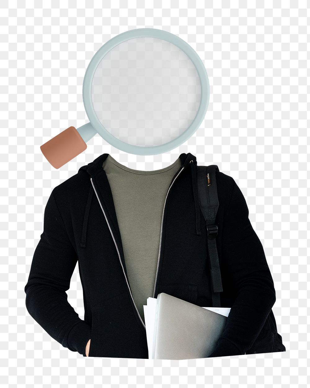 Magnifying glass png head man, student, education remixed media, transparent background