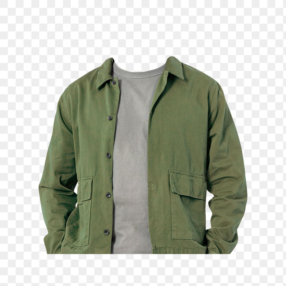 Headless man png sticker, wearing green jacket, transparent background