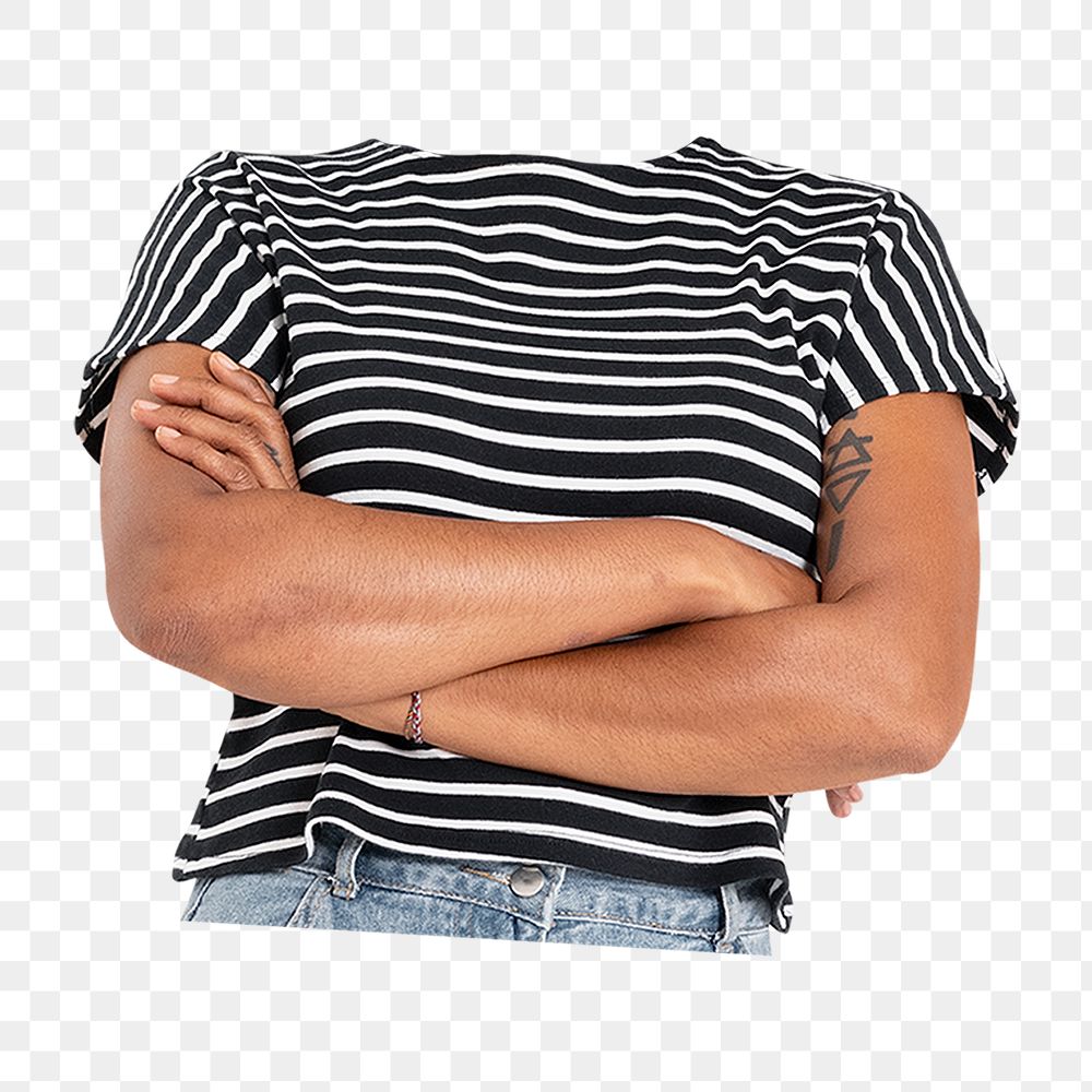 Headless woman png sticker, striped t-shirt, casual fashion, transparent background