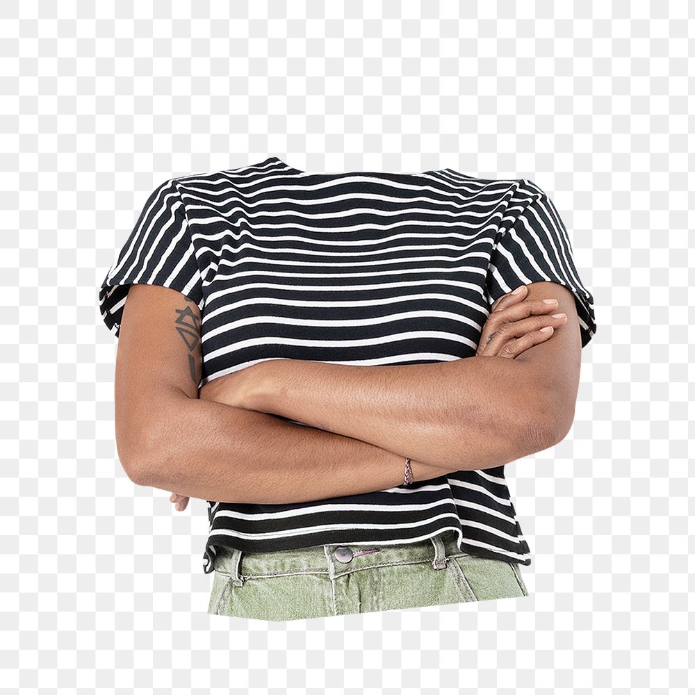 Headless woman png sticker, striped t-shirt, casual fashion, transparent background