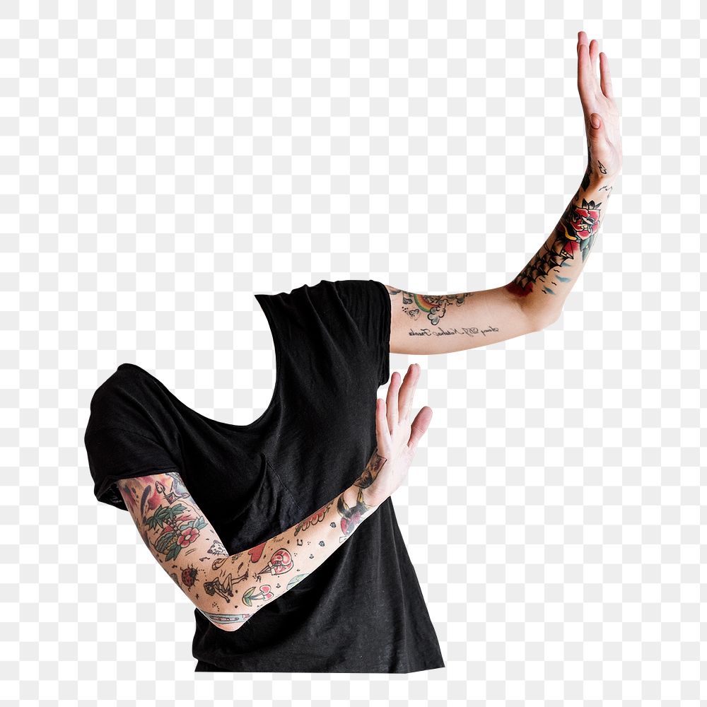 Headless tattooed woman png sticker, stop gesture, transparent background