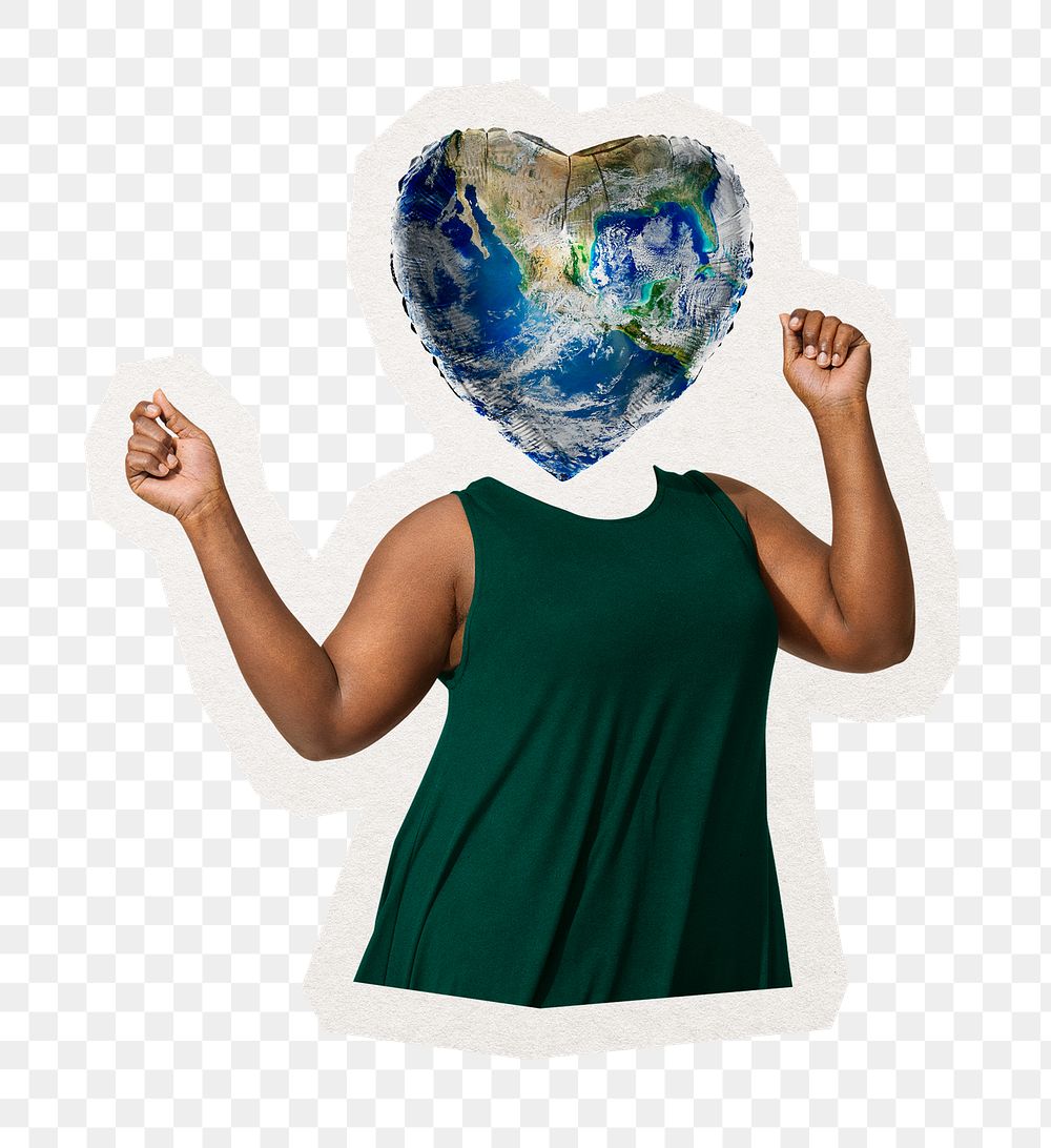 Heart globe png head woman, environment remixed media, transparent background