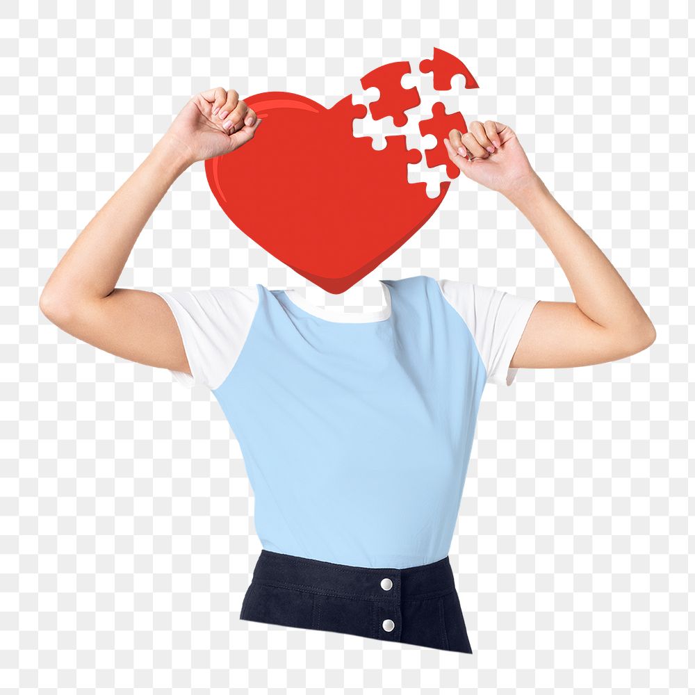 Jigsaw heart png head woman, health remixed media, transparent background