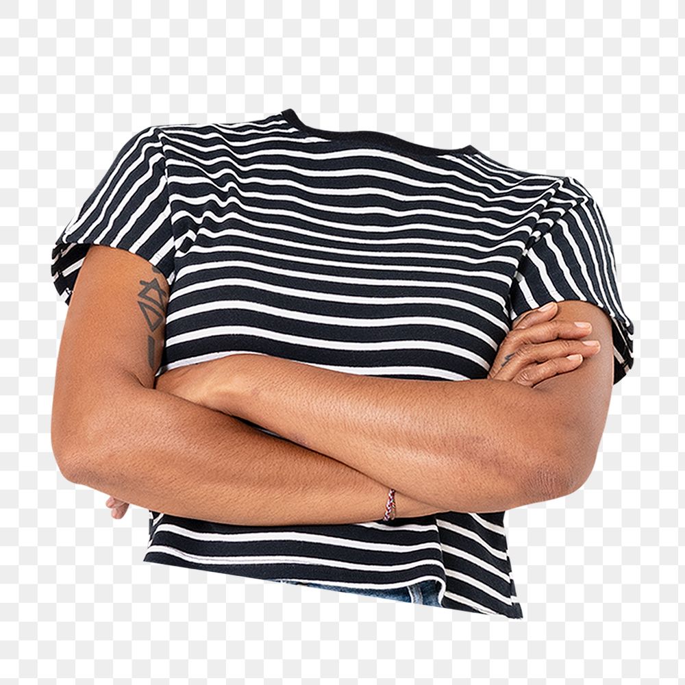 Headless woman png sticker, striped t-shirt, casual fashion, transparent background