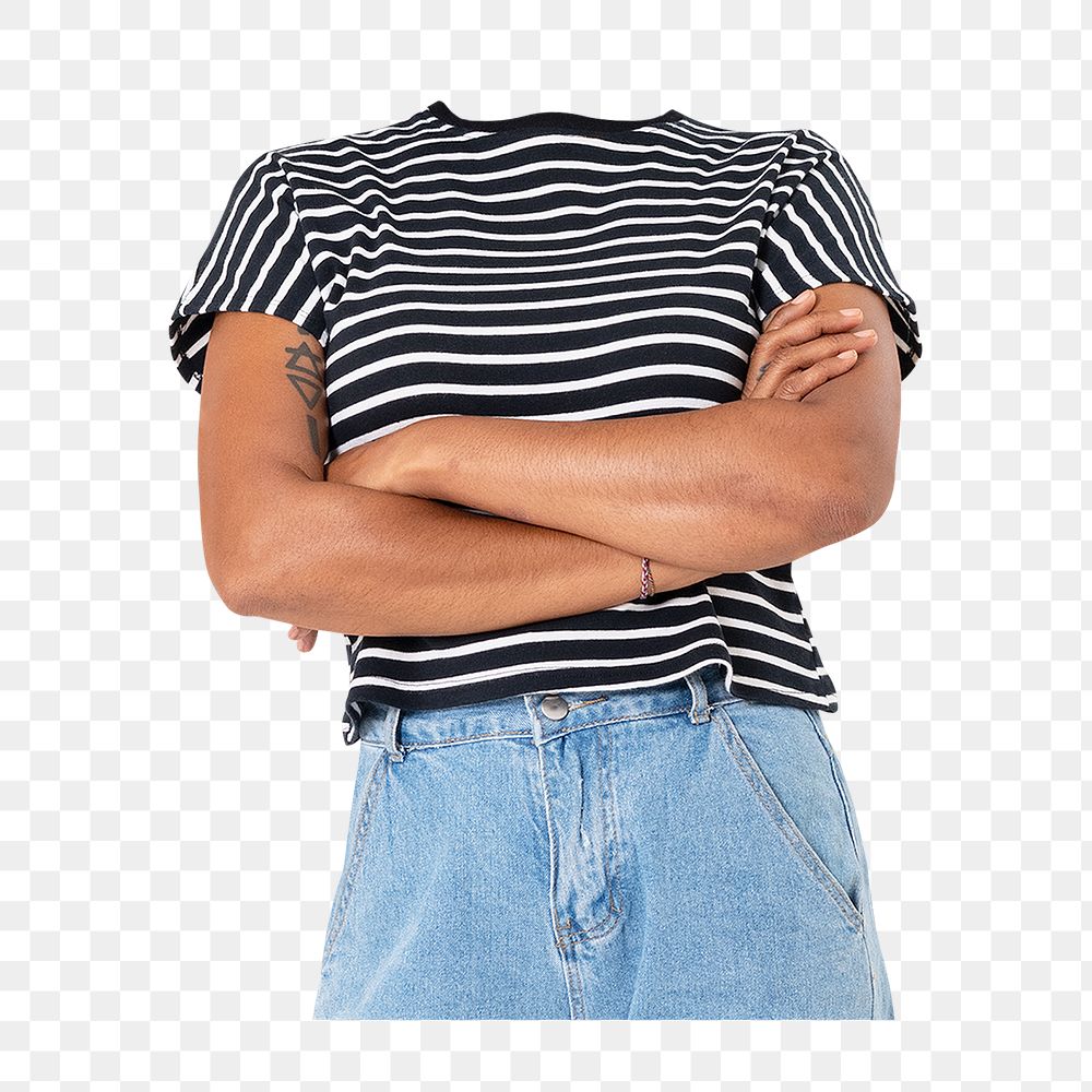 Headless woman png sticker, striped t-shirt, casual fashion, transparent background