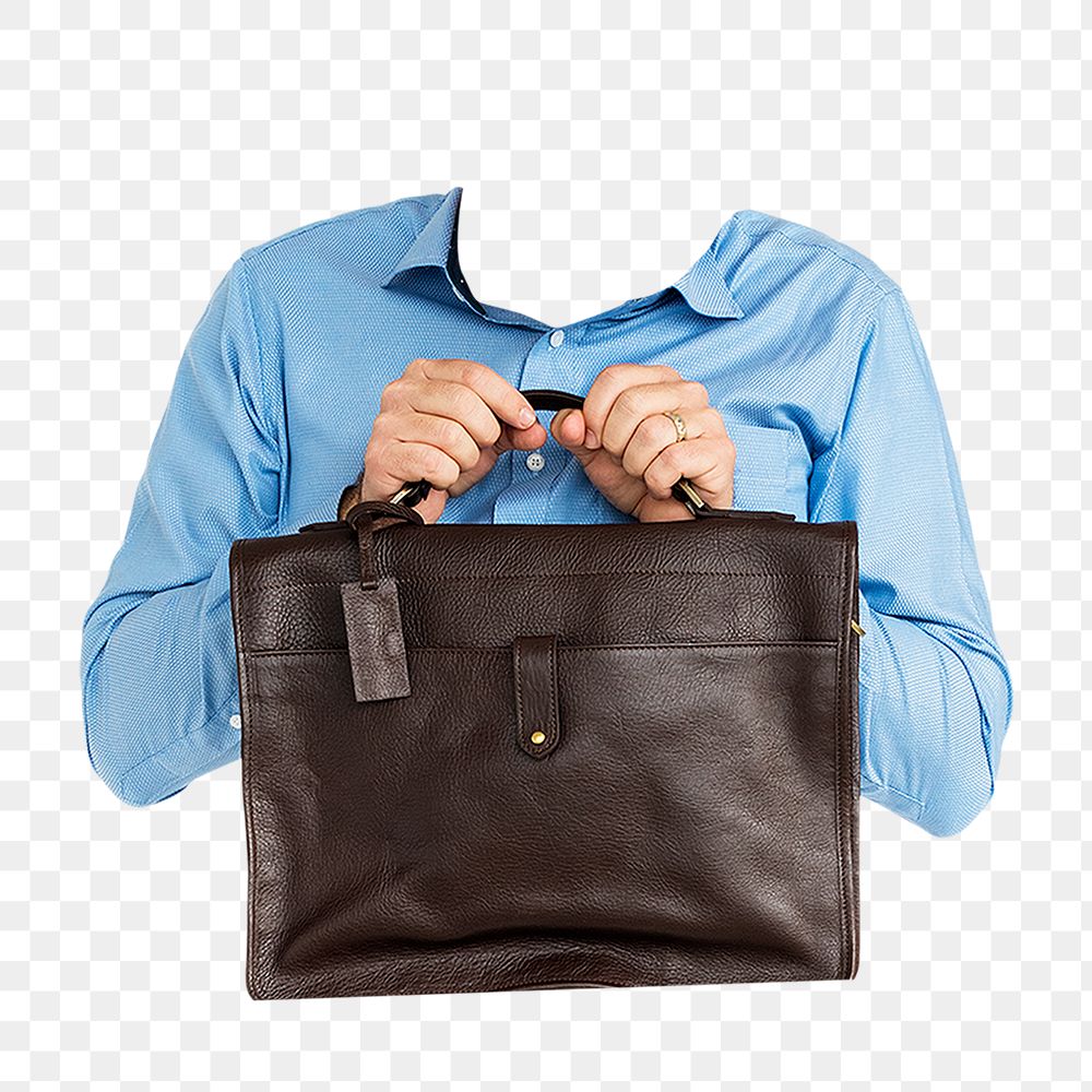 Headless businessman png sticker, holding bag cut out on transparent background