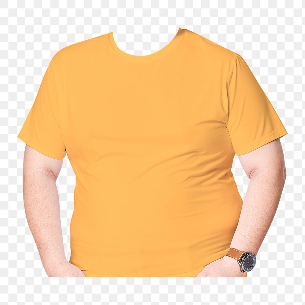 Headless plus-size man png sticker, yellow t-shirt image, transparent background