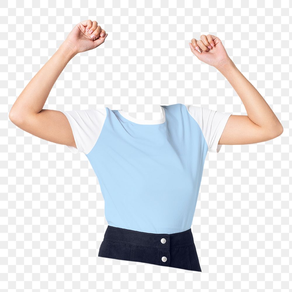 Headless woman png cheering, blue t-shirt image, transparent background