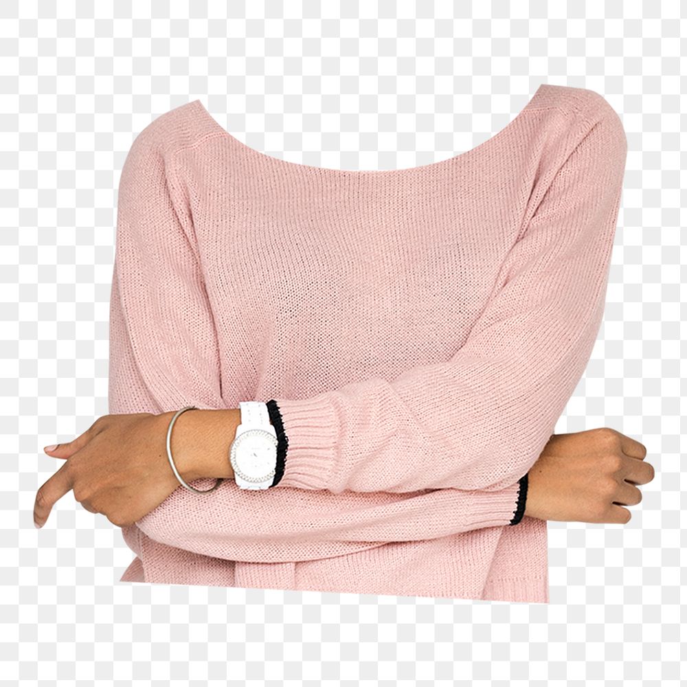 Headless woman png pink sweater, Spring fashion image, transparent background