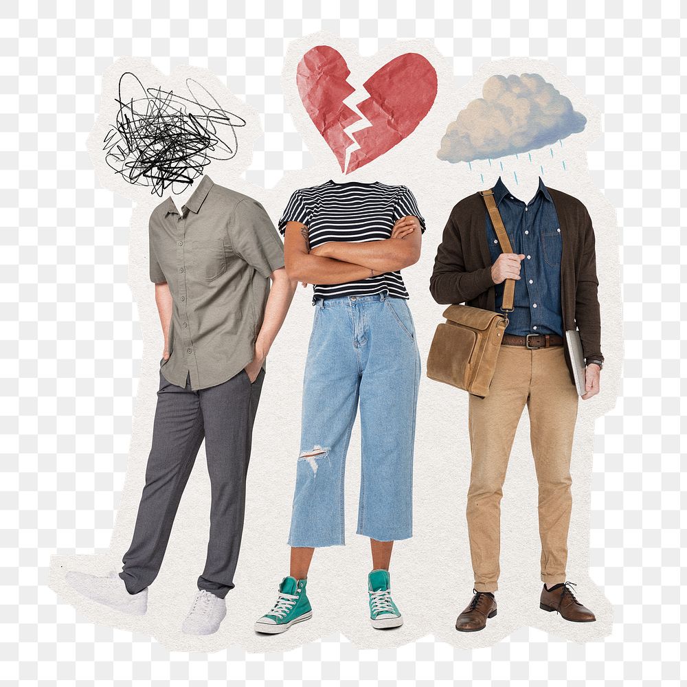 Depressed head png people, creative mental health remixed media, transparent background