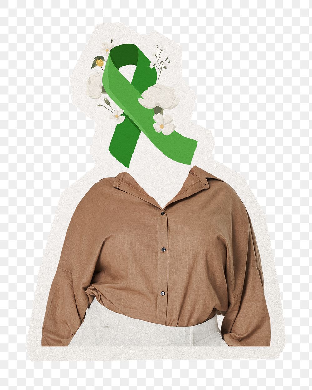 Green ribbon png mental health head woman, health remixed media, transparent background