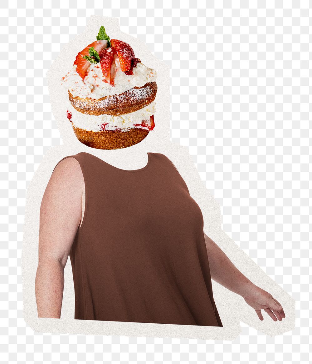 Strawberry cake head png plus-size woman, dessert food remixed media, transparent background