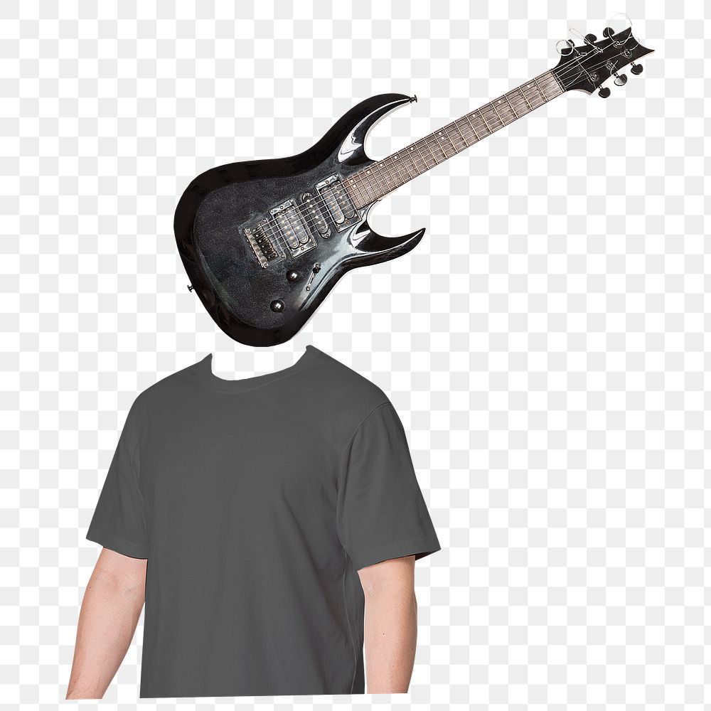 Guitar head png man sticker, music, surreal remixed media, transparent background