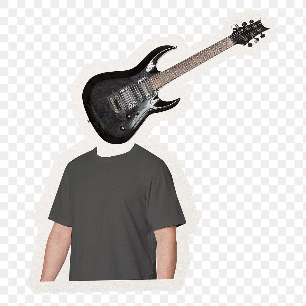 Guitar head png man sticker, music, surreal remixed media, transparent background