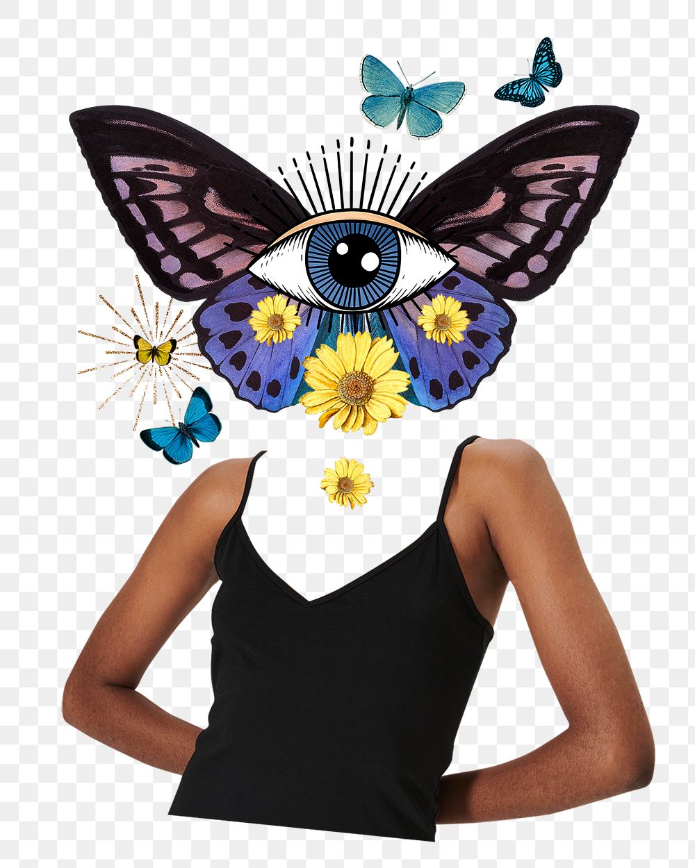 Butterfly head png woman sticker, spiritual abstract remixed media, transparent background