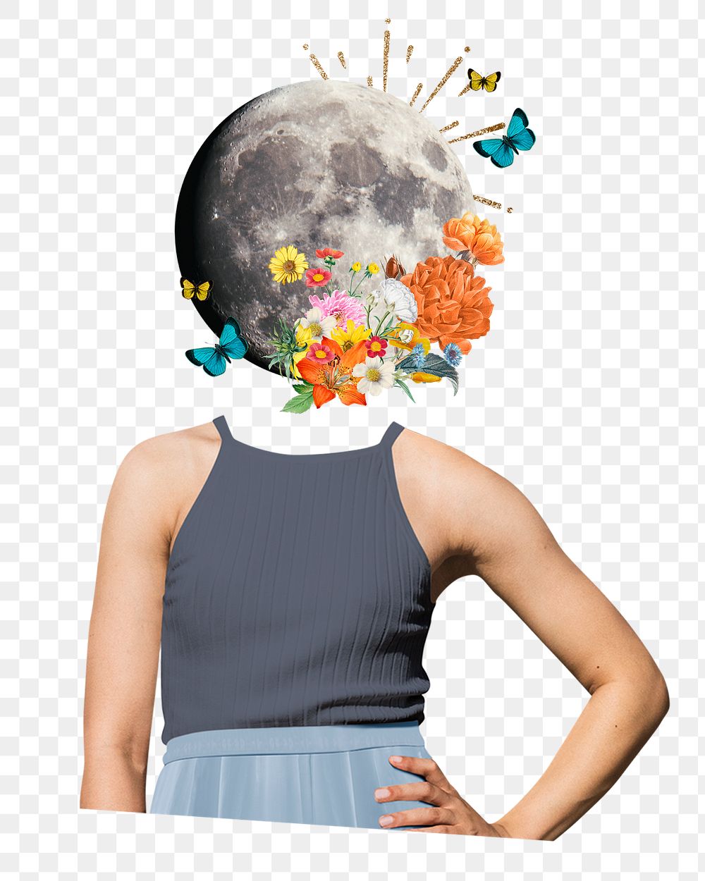 Moon head png woman sticker, surreal abstract remixed media, transparent background