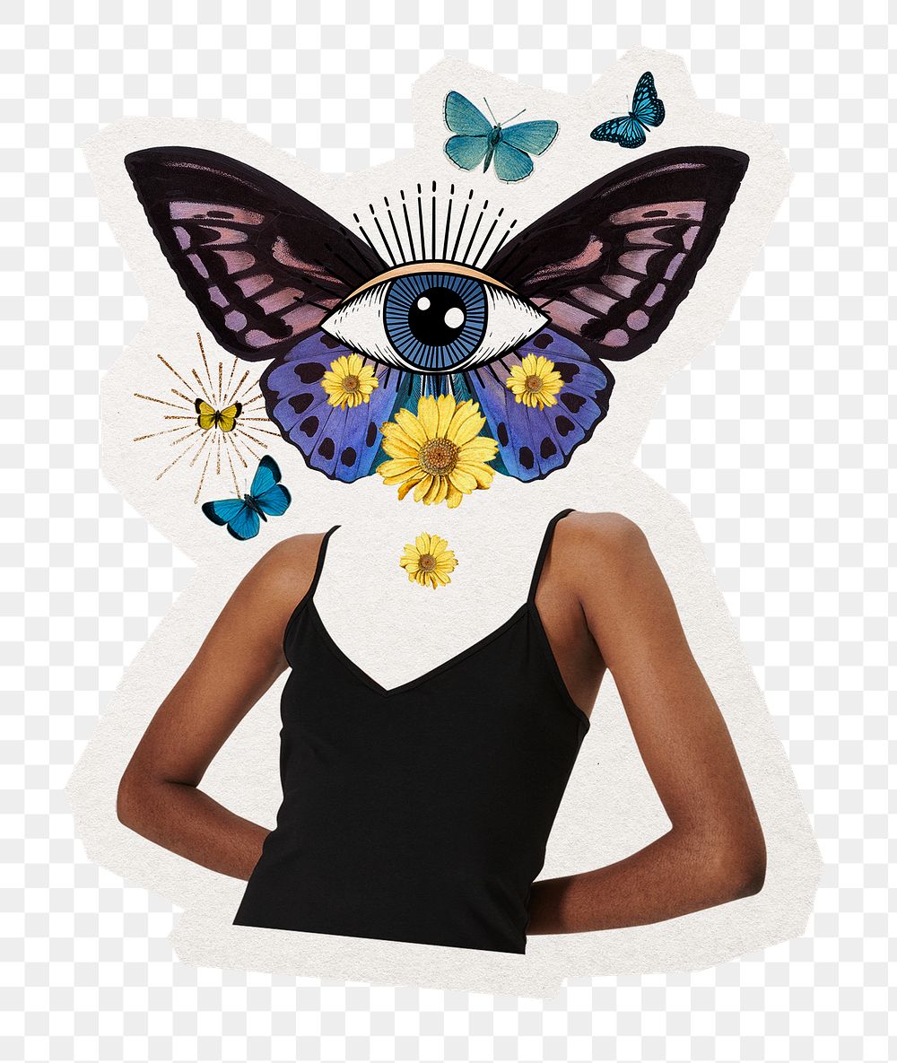 Butterfly head png woman sticker, spiritual abstract remixed media, transparent background