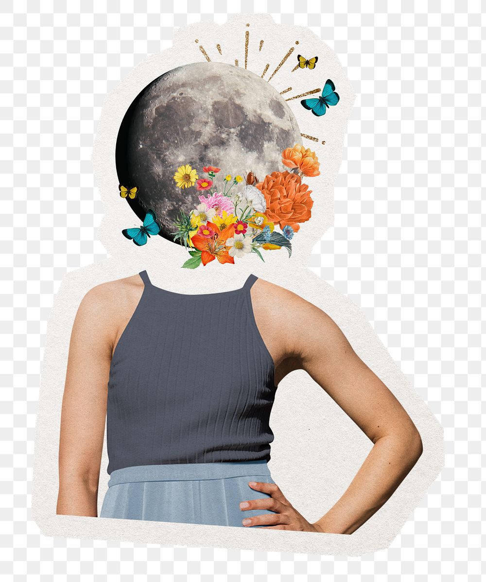 Moon head png woman sticker, surreal abstract remixed media, transparent background