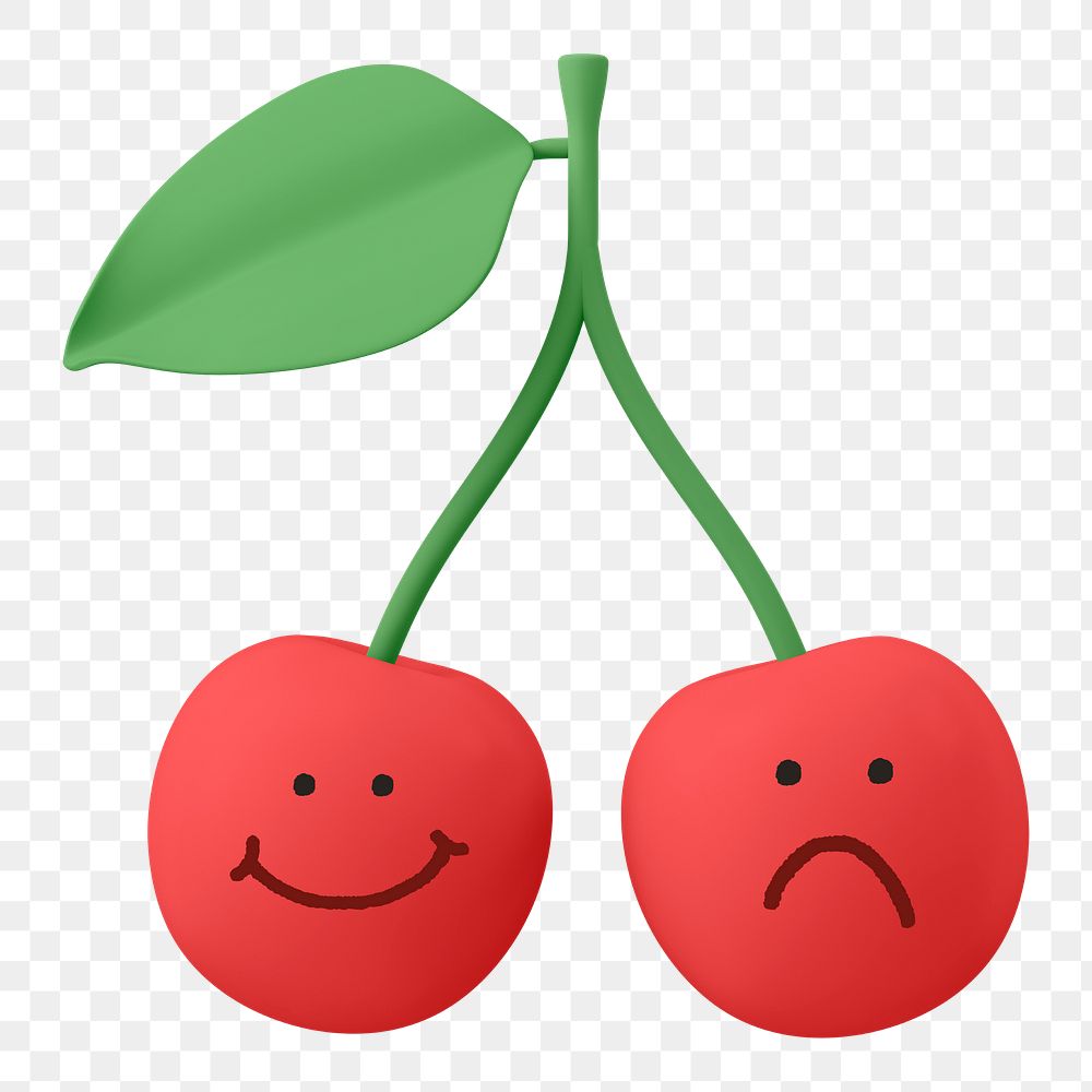 Sad, happy png cherries fruit sticker, 3D emoticon illustration, transparent background