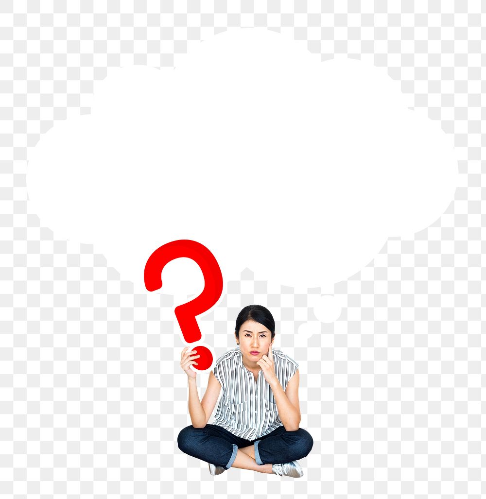 Woman png holding question mark sign sticker, transparent background