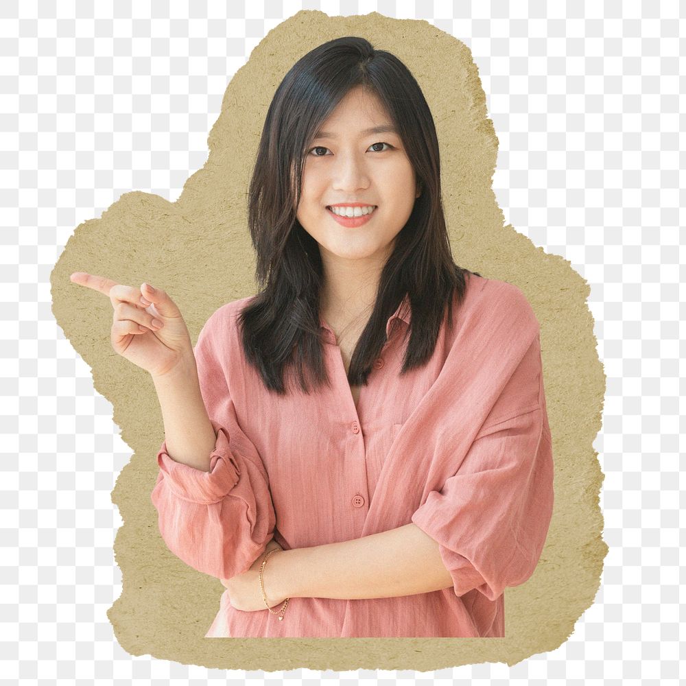 Smiling Asian woman png sticker, ripped paper, transparent background