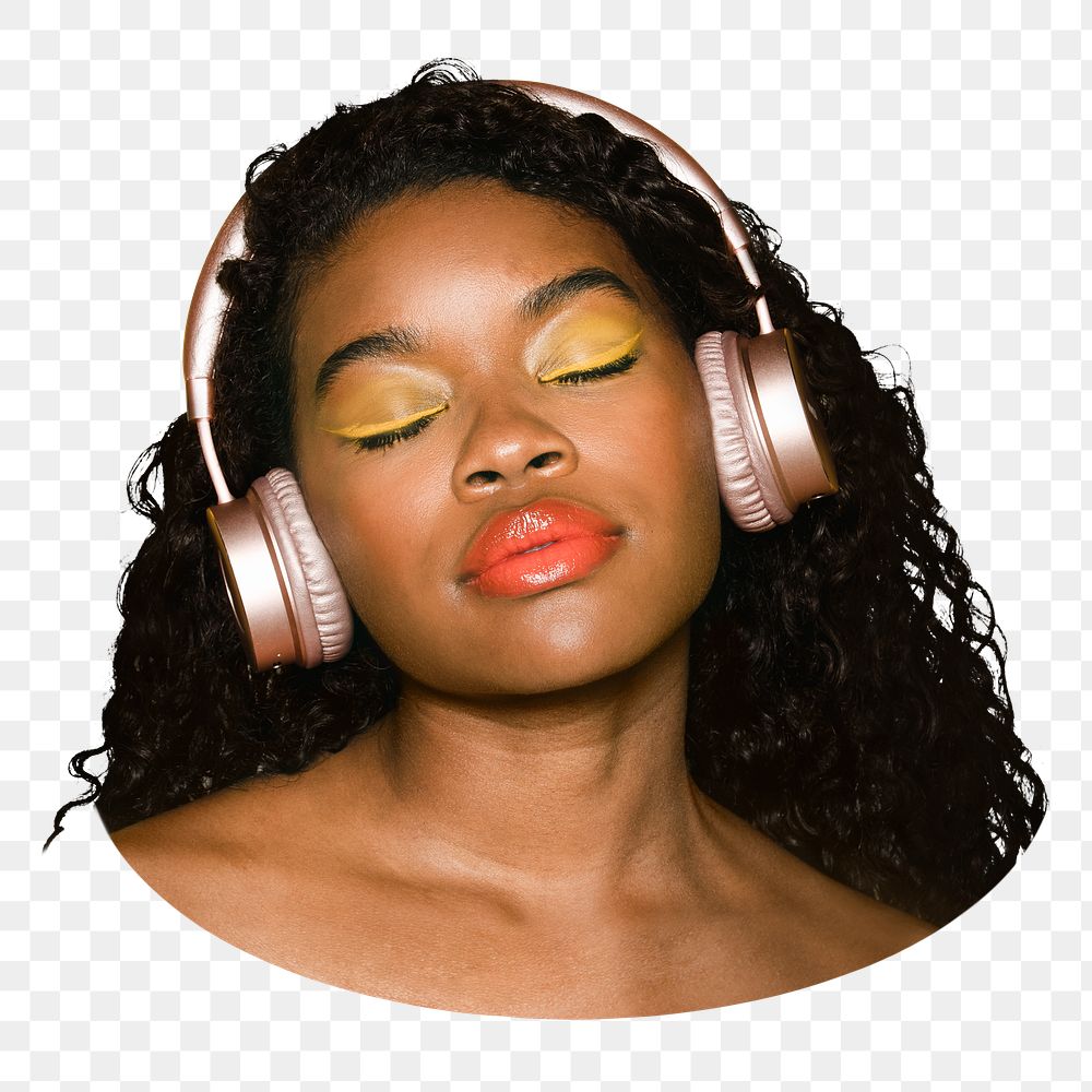 Woman listening png to music sticker,  transparent background