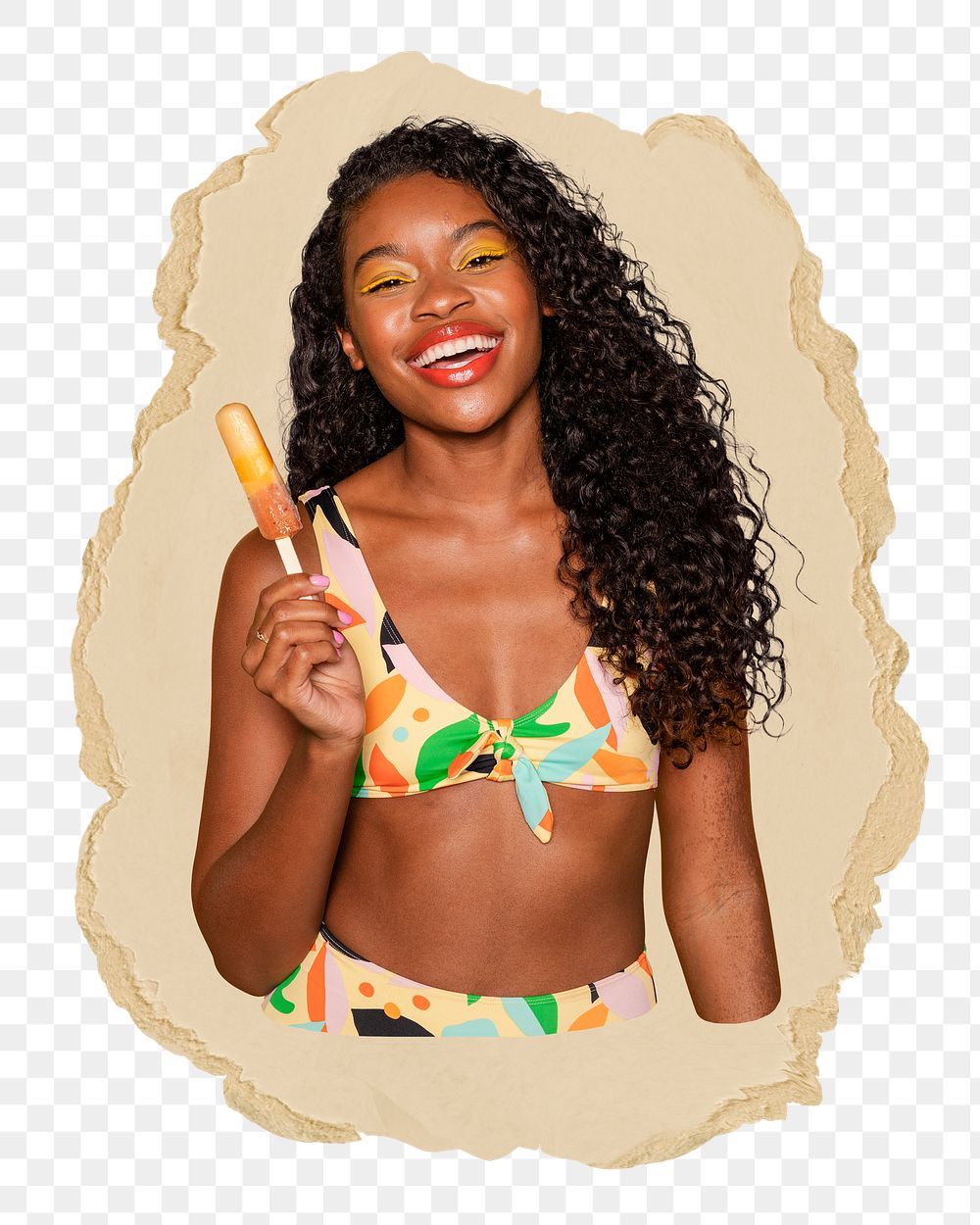 Cheerful Summer girl png sticker, ripped paper, transparent background