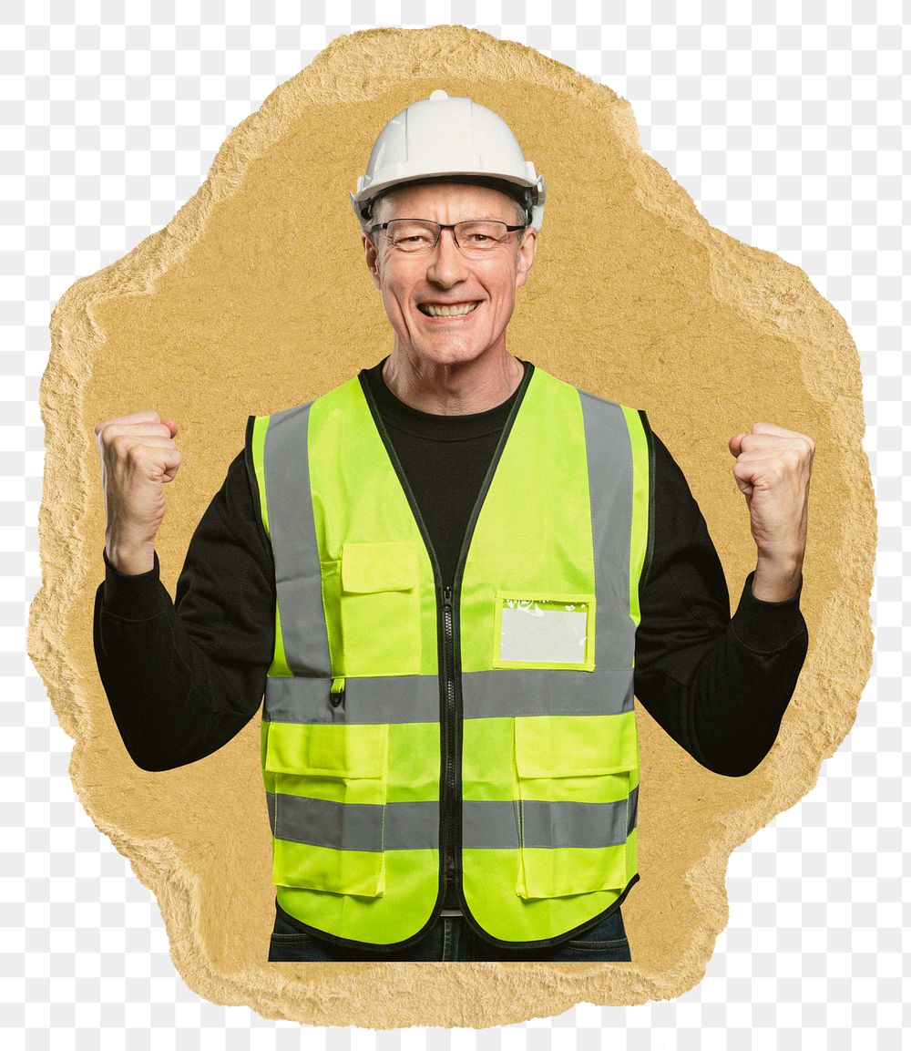 Happy engineer png sticker, ripped paper, transparent background