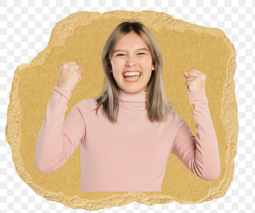 Happy teenage girl png sticker, ripped paper, transparent background