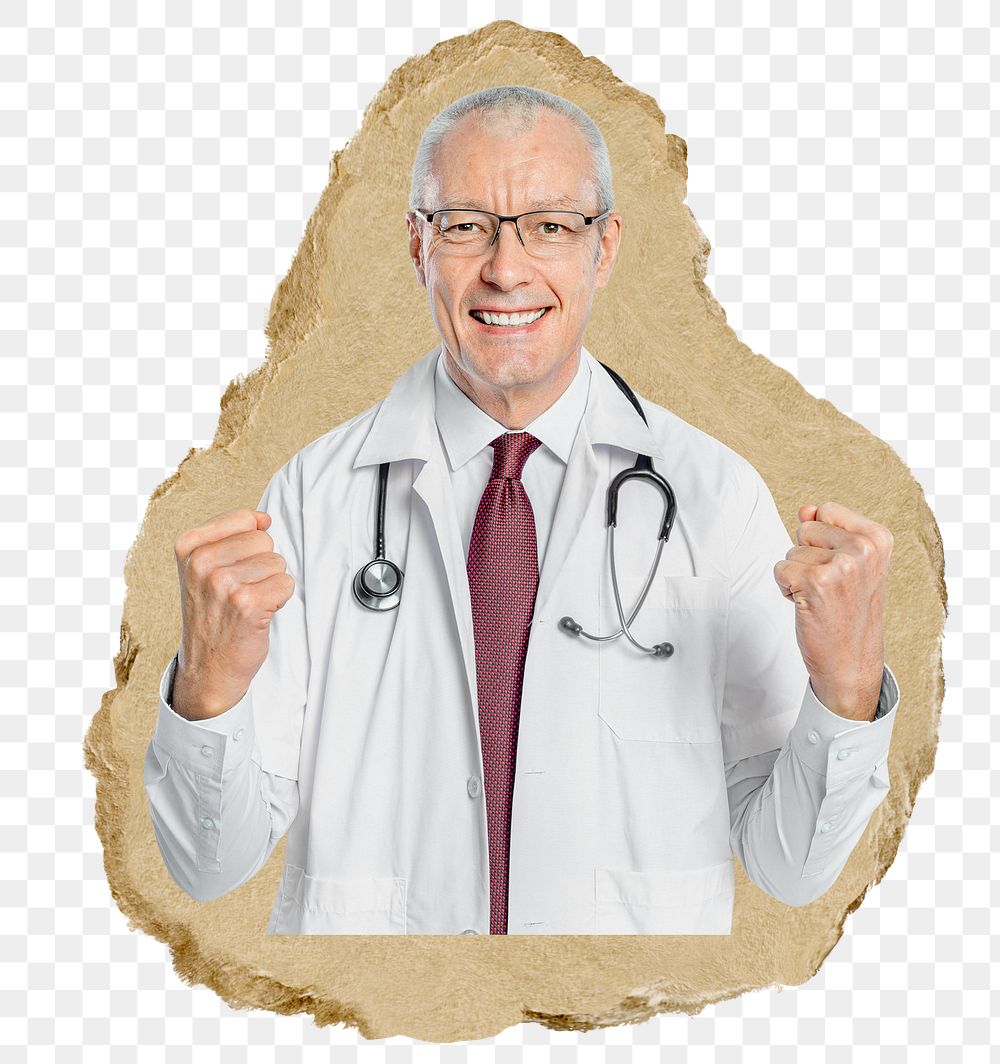 Happy doctor png sticker, ripped paper, transparent background
