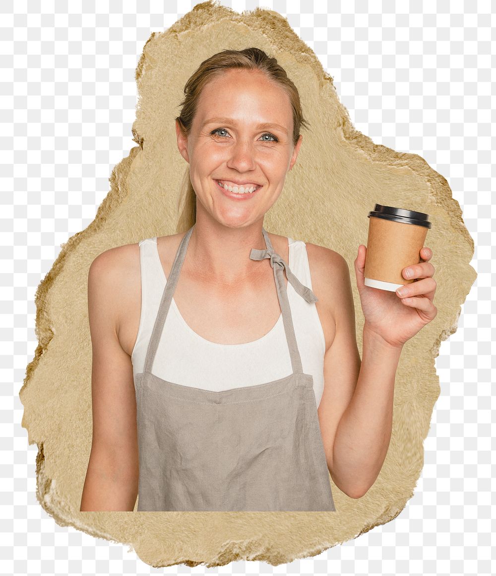 Woman barista png sticker, ripped paper, transparent background