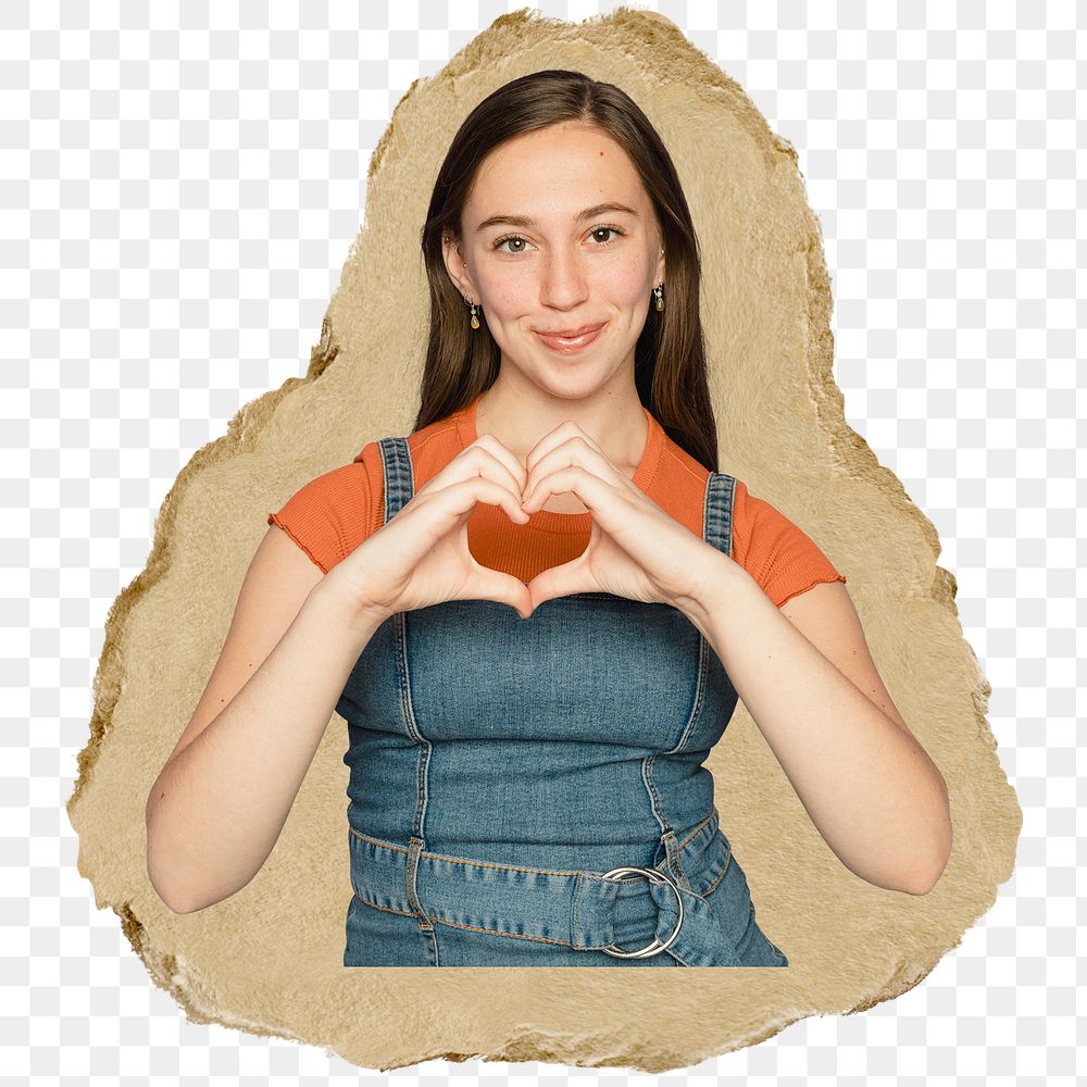 Woman heart hand png sticker, ripped paper, transparent background