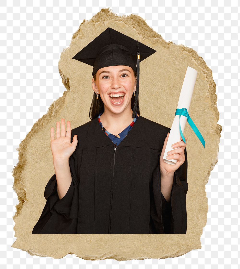 Happy graduate png sticker, ripped paper, transparent background