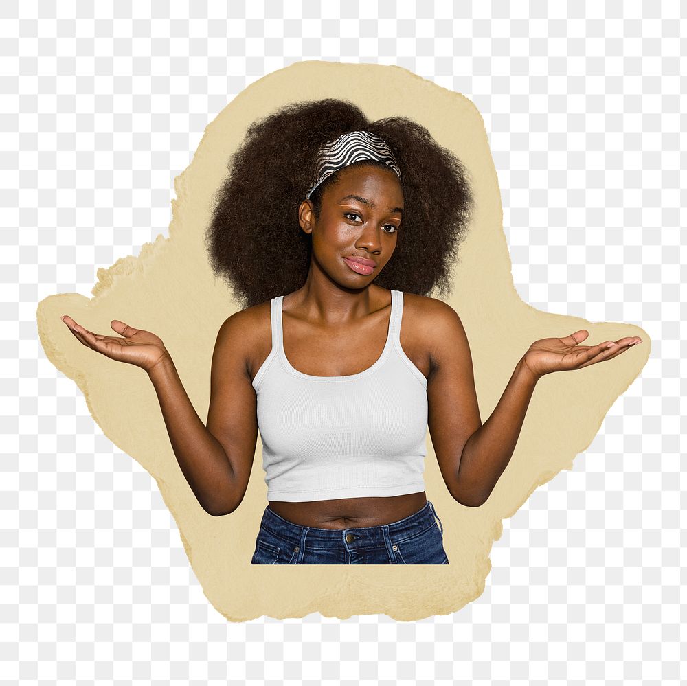 Clueless woman png sticker, ripped paper, transparent background
