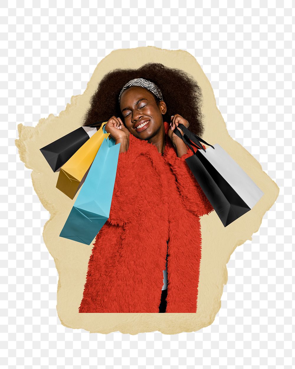 Shopping woman png sticker, ripped paper, transparent background