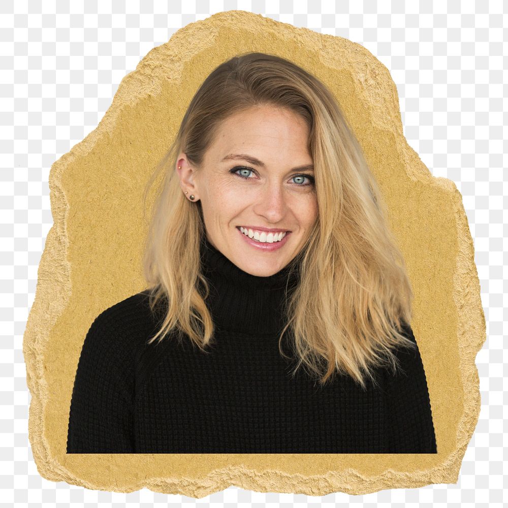 Smiling blonde png woman sticker, ripped paper on transparent background