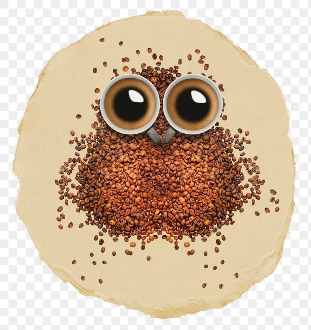 Png coffee owl shape sticker, food & drink ripped paper, transparent background