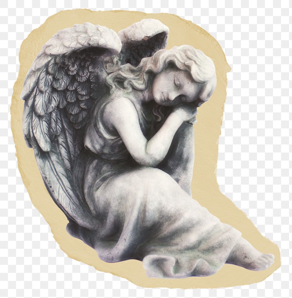 Png sleeping angel statue sticker,  sculpture ripped paper, transparent background