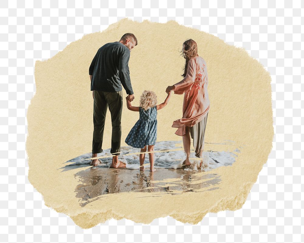 Happy family png the beach sticker, ripped paper, transparent background