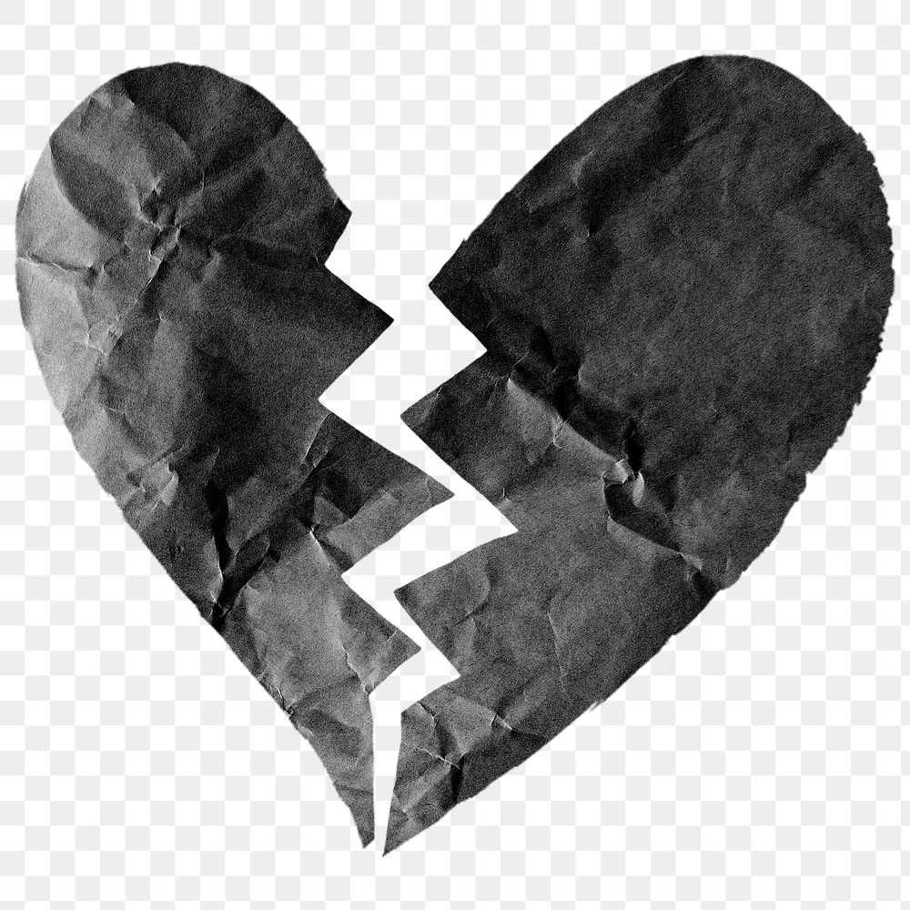 Broken heart png sticker, black paper texture, transparent background