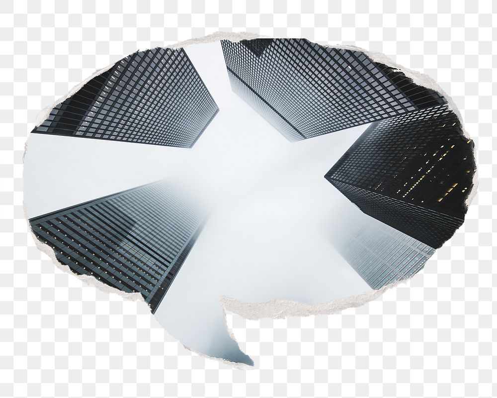 Png skyscraper office buildings sticker, ripped paper speech bubble, transparent background