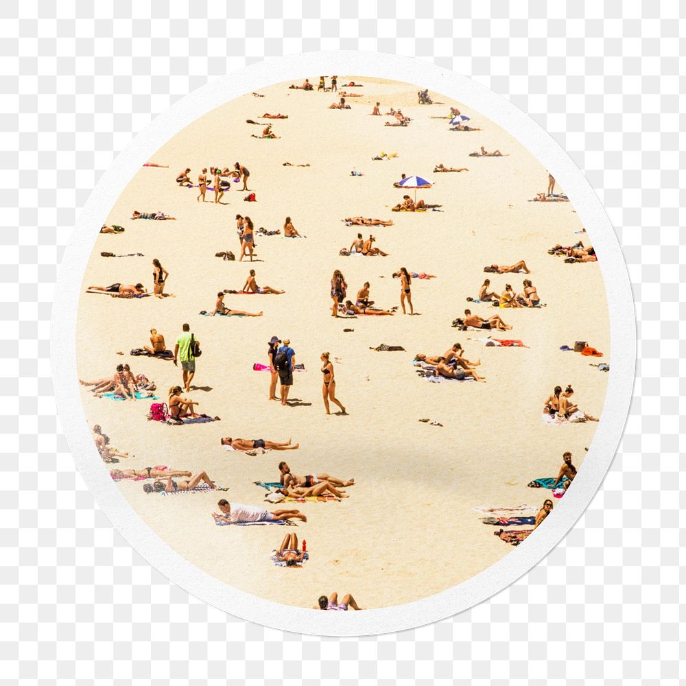 Png people at the beach sticker, Summer in circle frame, transparent background