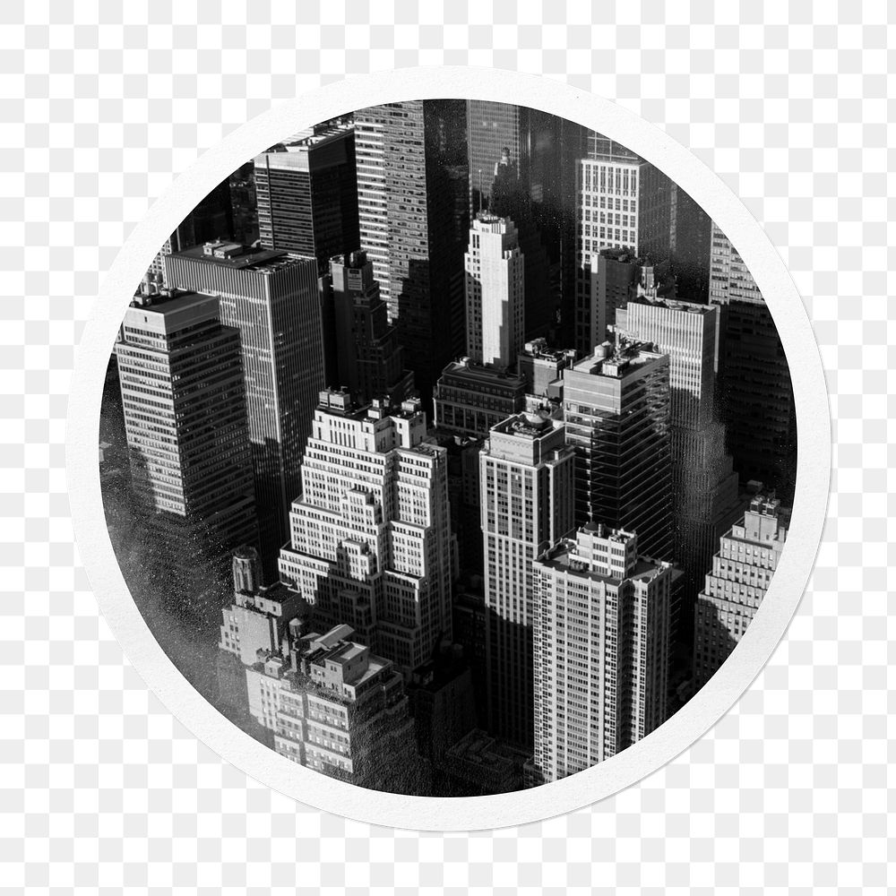 Grayscale buildings png sticker, city circle frame, transparent background
