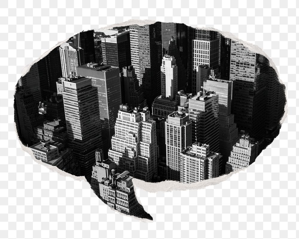 Grayscale city buildings png sticker, ripped paper speech bubble, transparent background